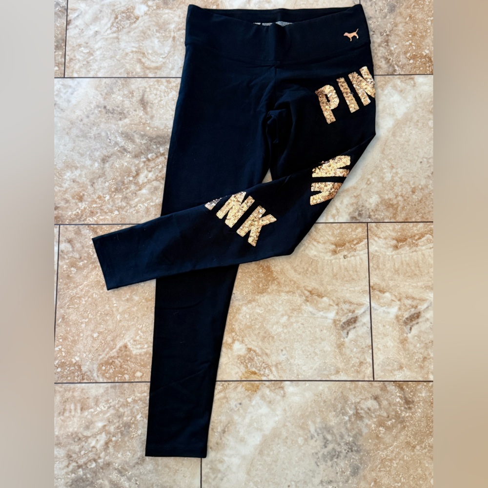 Victoria's Secret bling Black Leggings with rose gold PINK Lettering - Picture 2 of 4